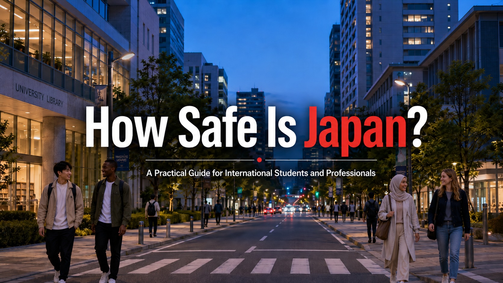An international student walking safely through a quiet Japanese city street at night