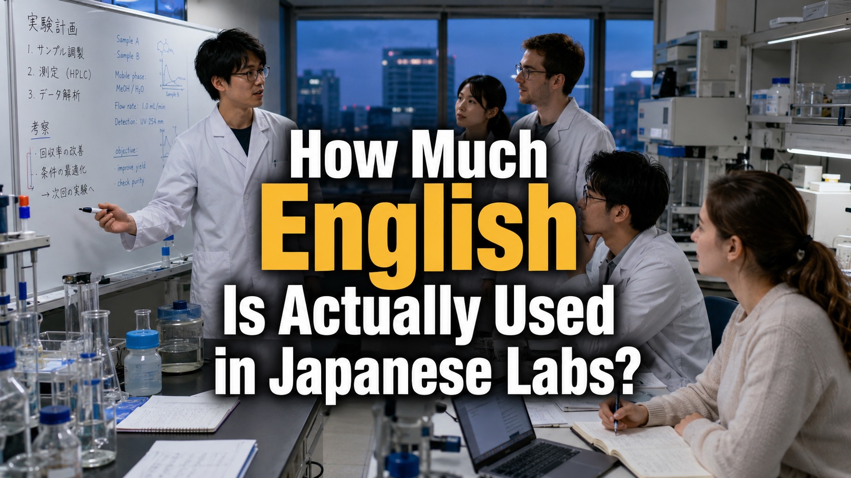International researchers discussing experiments in a Japanese university laboratory