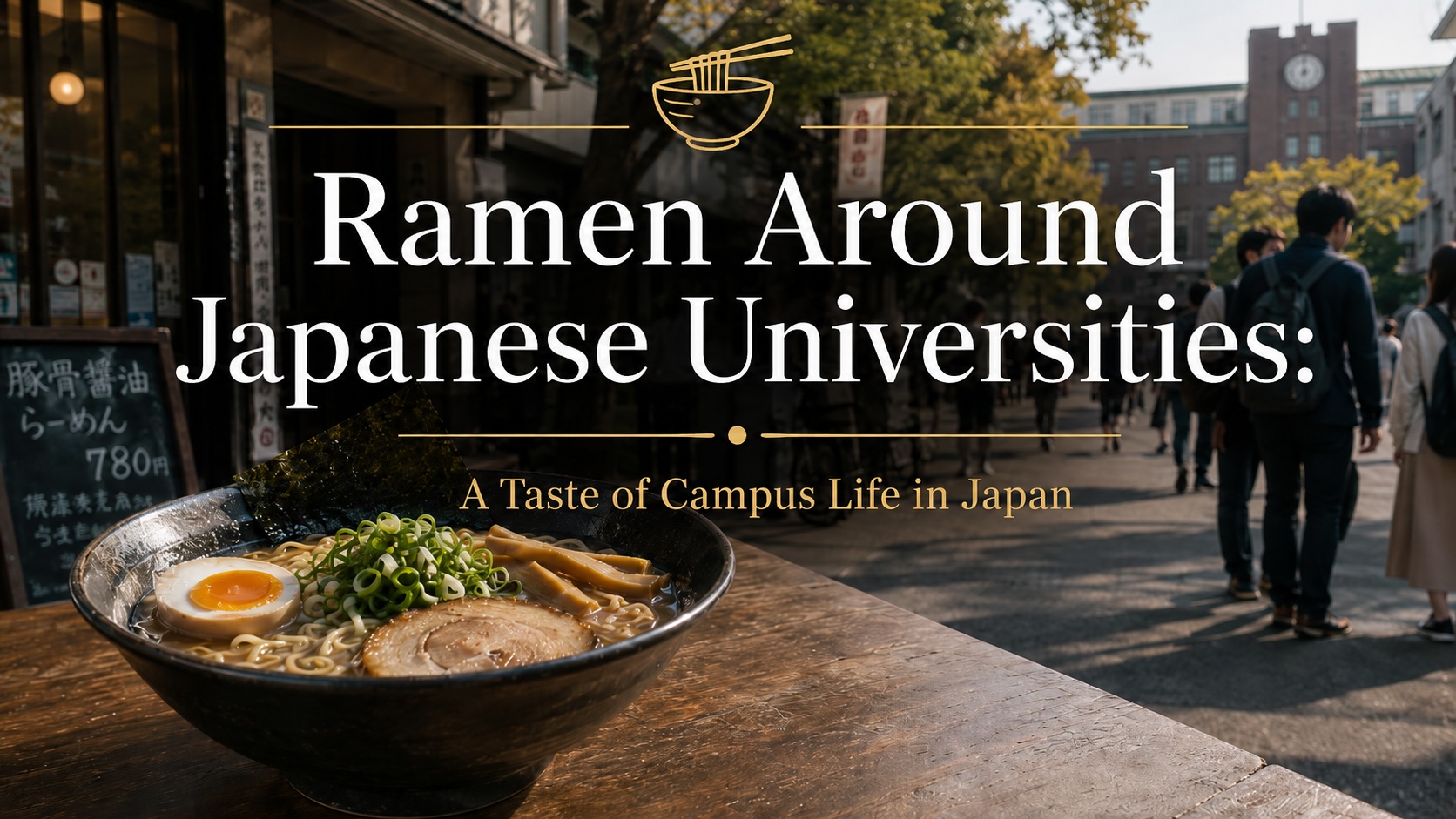 Warm ramen shop lights near a Japanese university campus at night
