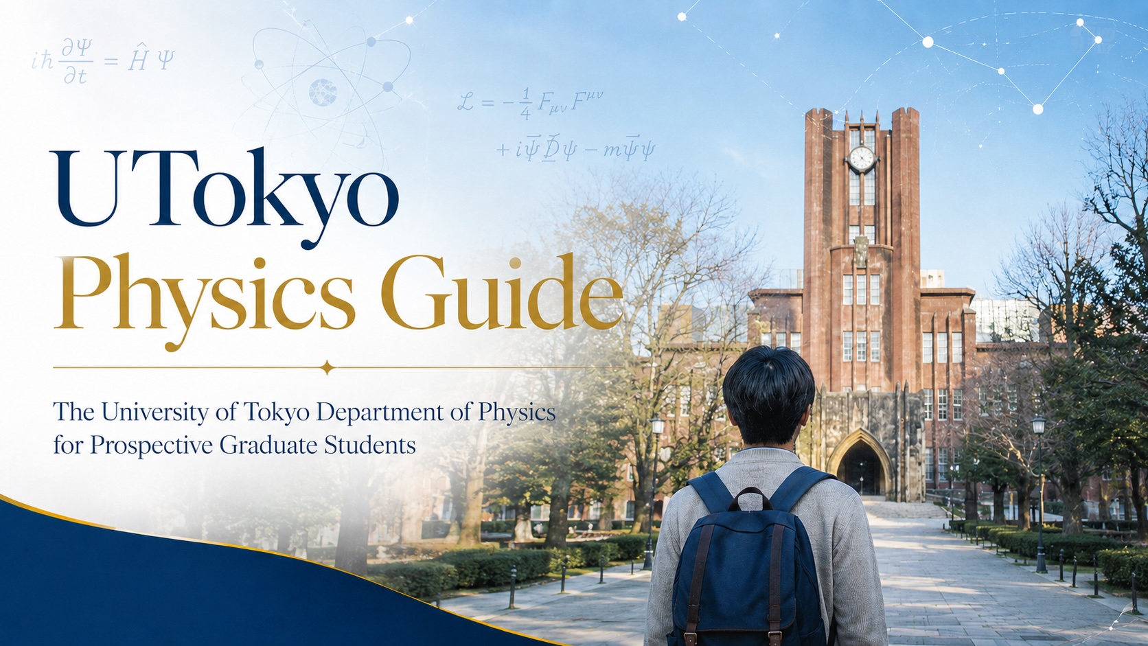 A physics research notebook, equations, and a university laboratory building in Tokyo