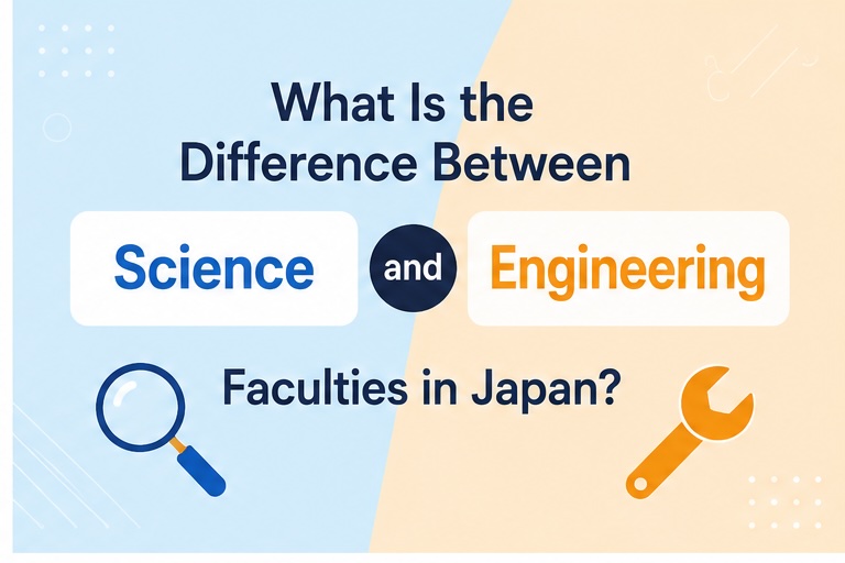 A Japanese university campus with science and engineering buildings, notebooks, and laboratory equipment