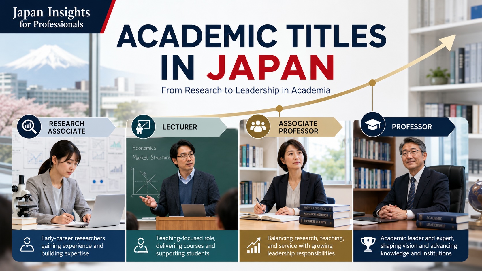 Academic title hierarchy in a Japanese university shown as a clean guide graphic