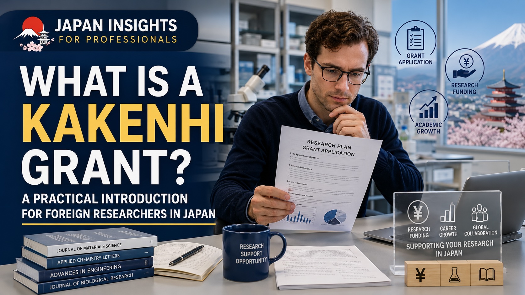 Research grant application documents and laboratory equipment representing KAKENHI funding in Japan