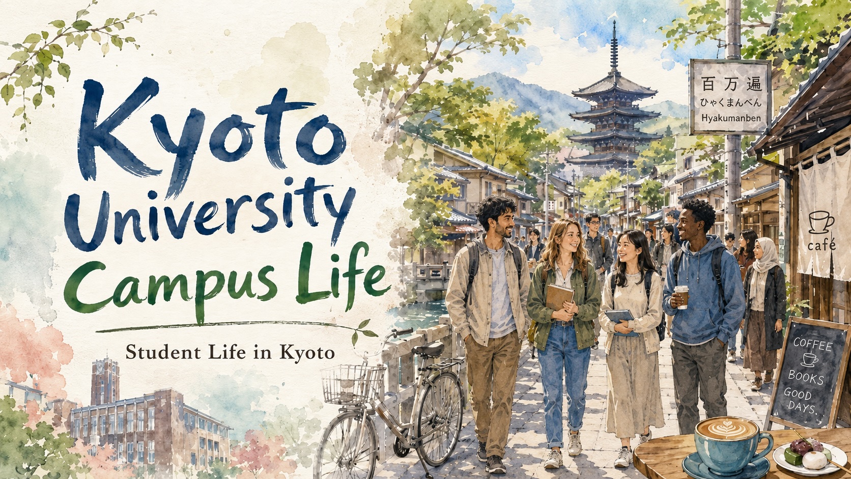 A Kyoto student life scene with bicycles, old streets, campus buildings, books, and quiet cafes near Kyoto University