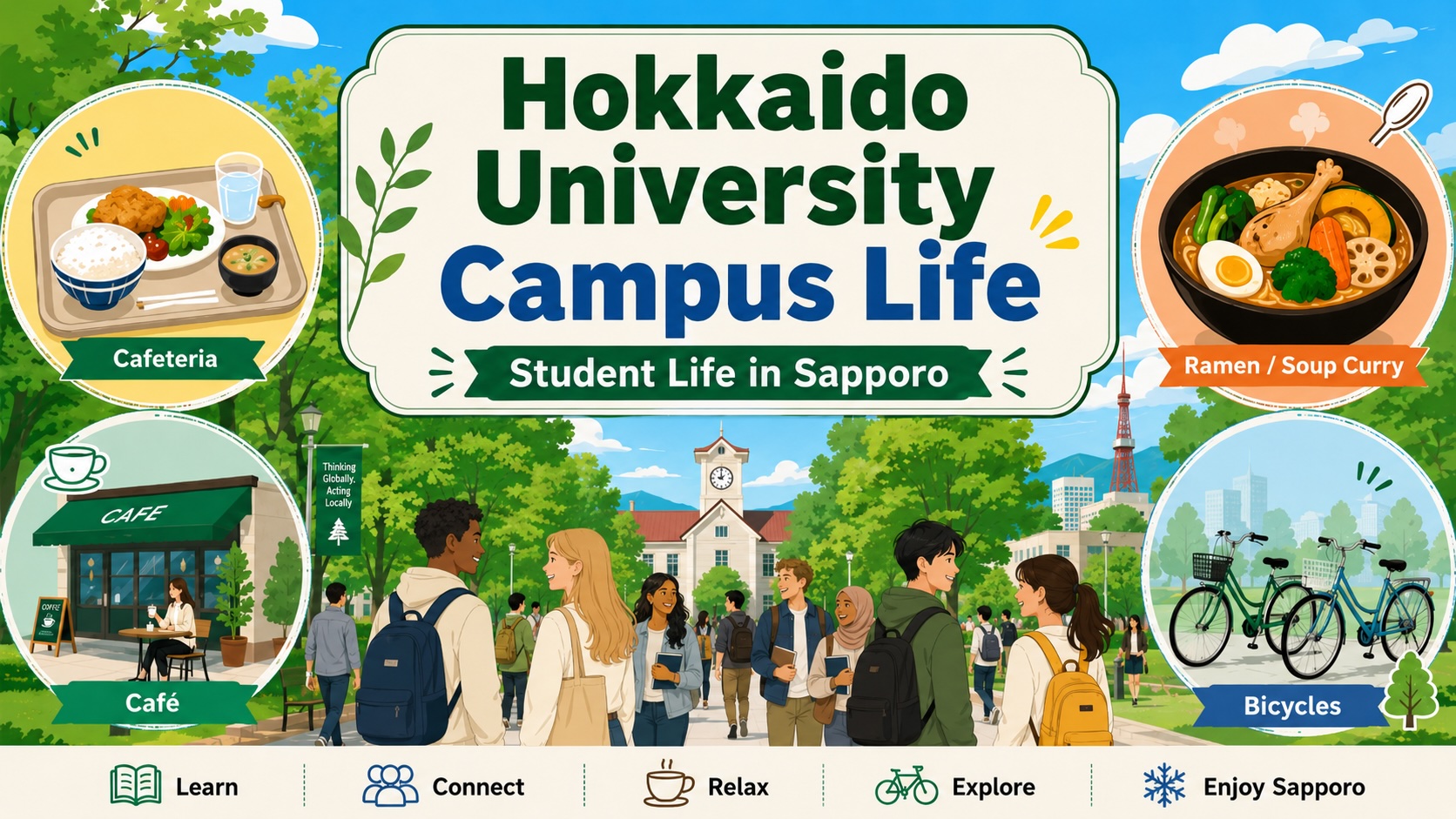 A spacious Sapporo campus scene with trees, snow-season hints, dormitory buildings, and students walking near Hokkaido University