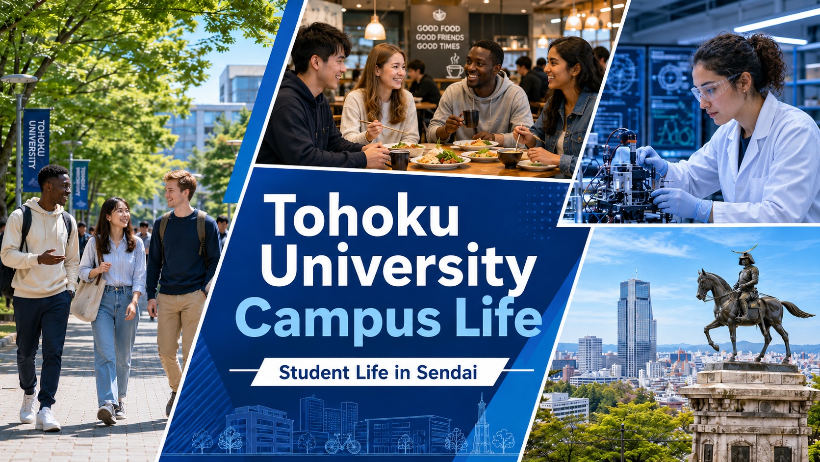 A Sendai student life scene with subway access, green hills, research buildings, notebooks, and science students around Tohoku University