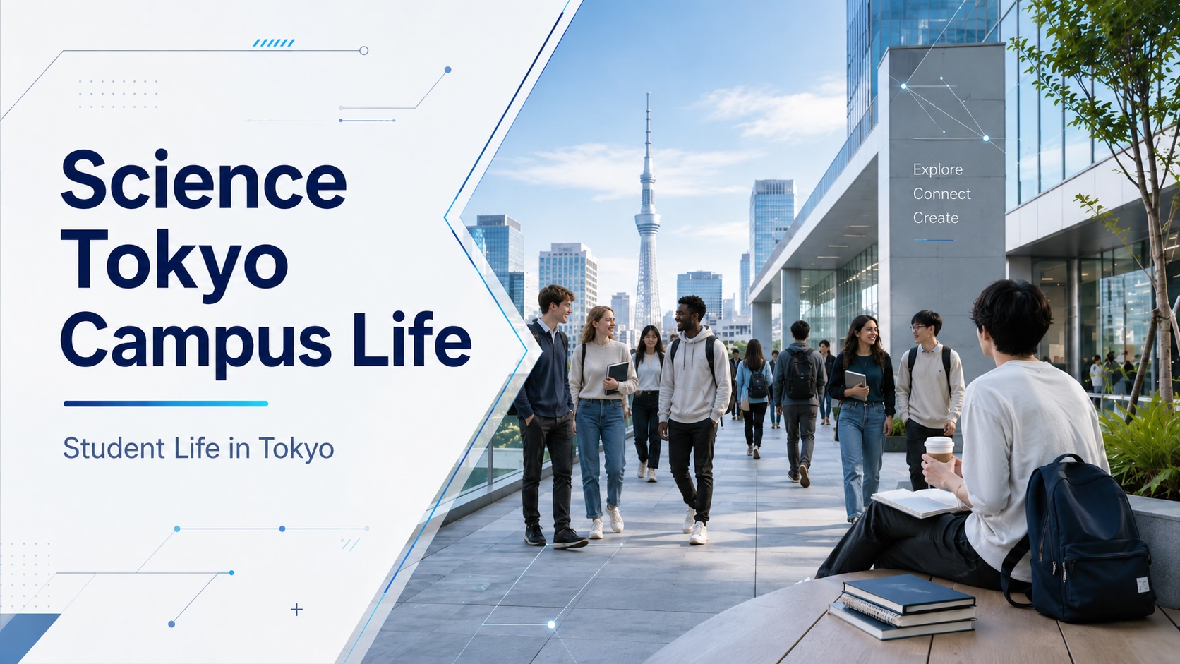 A residential Tokyo science-campus scene with train stations, engineering notebooks, small streets, and students near Ookayama