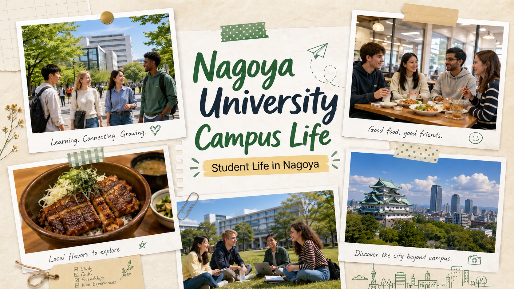 A Nagoya student life scene with subway access, campus buildings, cafes, dormitory rooms, and notebooks around Nagoya University