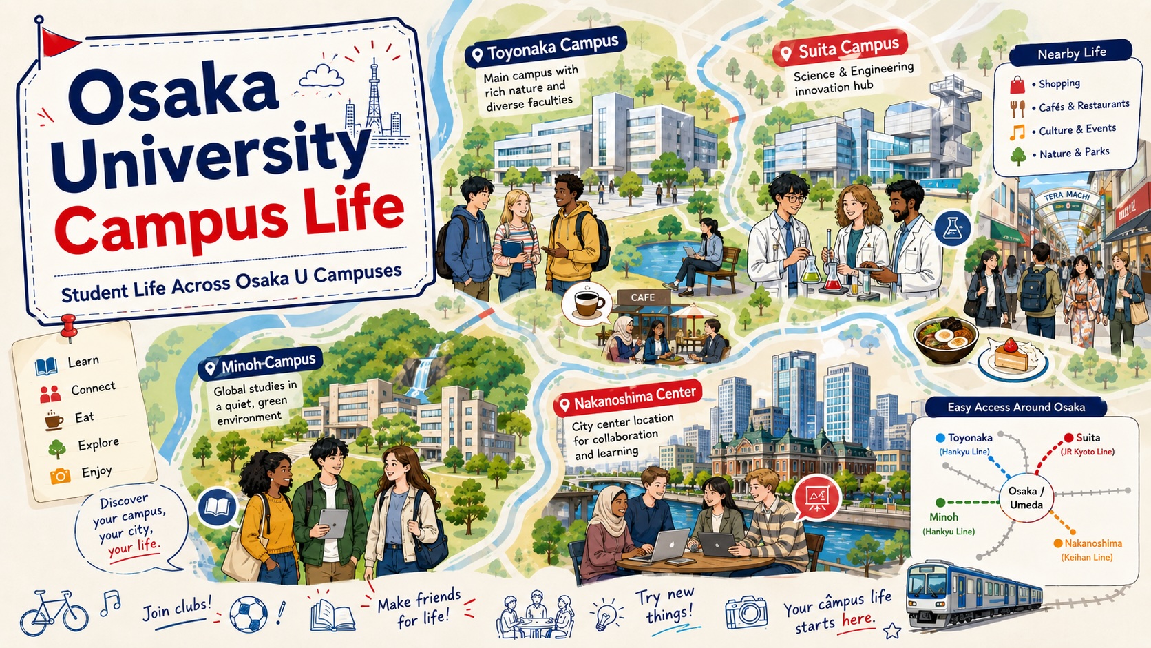 An Osaka University student life scene with three campus panels, trains, student centers, dormitory buildings, and Kansai city life
