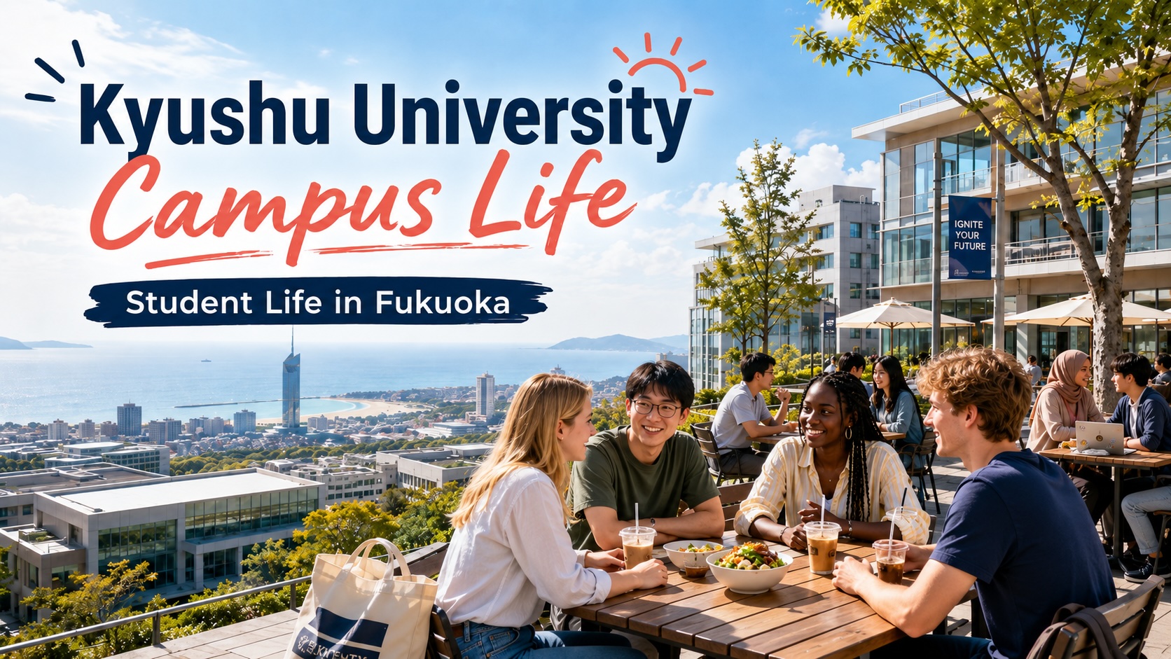 A Fukuoka student life scene with Kyushu University Ito Campus, buses, dormitories, sea and city elements, and students with notebooks