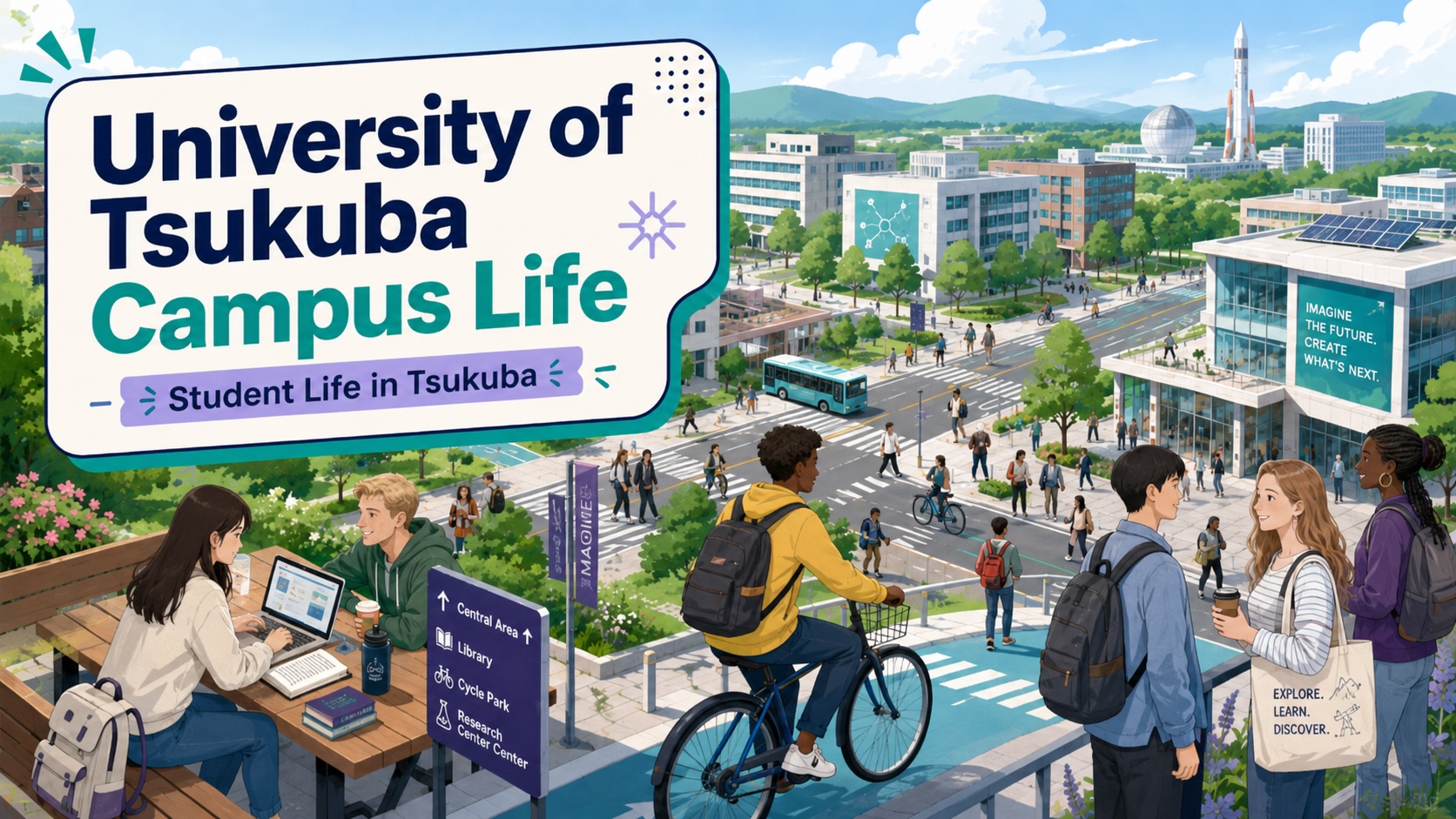A Tsukuba Science City student life scene with a wide campus, bicycles, dormitories, research buildings, and international students