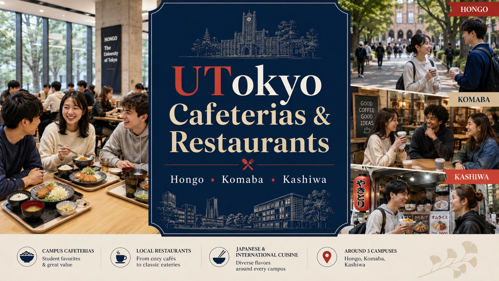 Students comparing cafeteria options and neighborhood restaurants around the University of Tokyo campuses