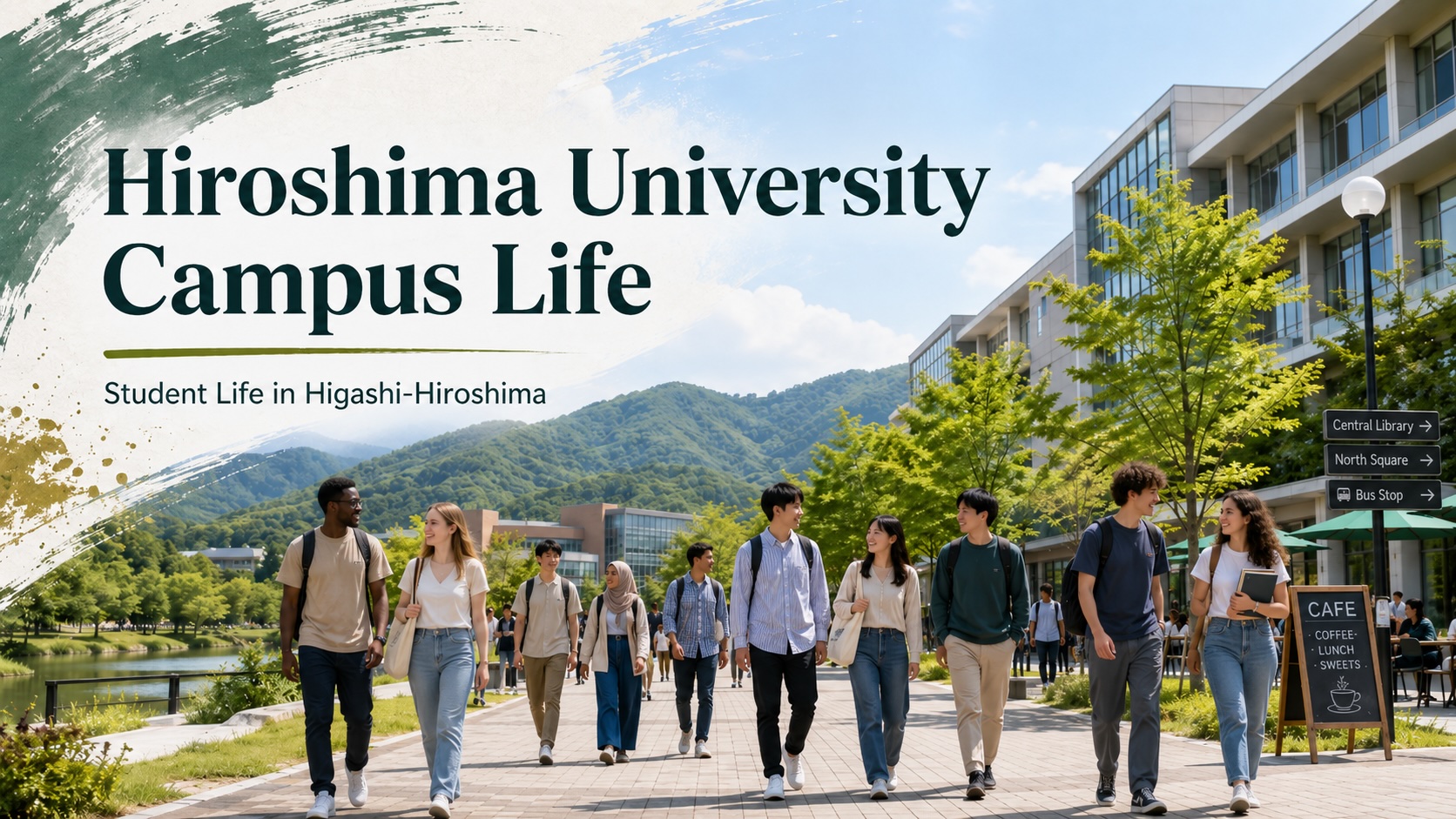 A Higashi-Hiroshima student life scene with campus buildings, dormitories, buses, local shops, and a distant Hiroshima city skyline