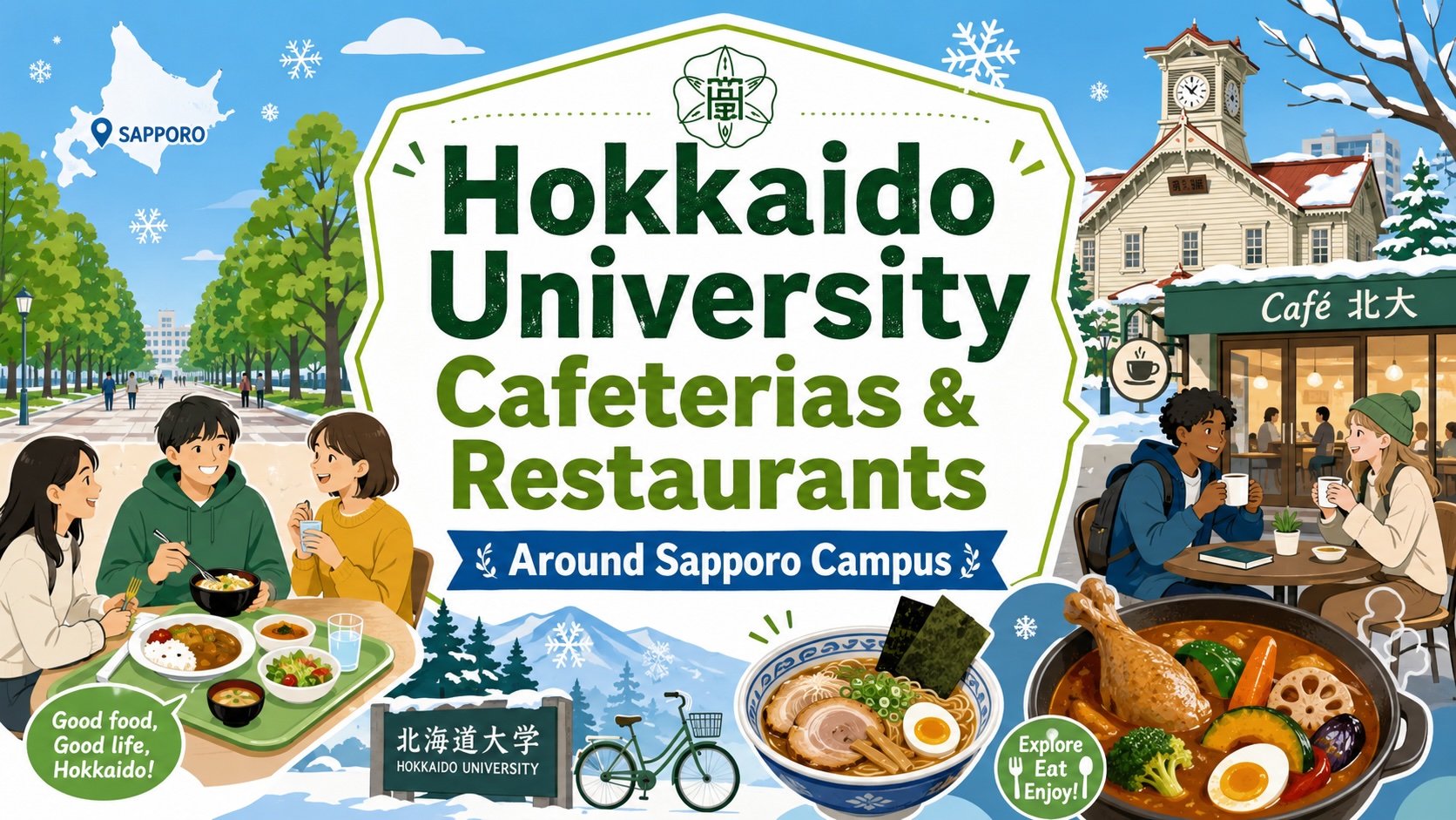 Students eating on a green Hokkaido University campus with Sapporo food culture nearby