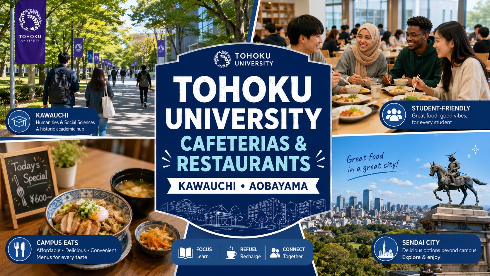 Students eating and studying around Tohoku University Kawauchi and Aobayama campuses in Sendai