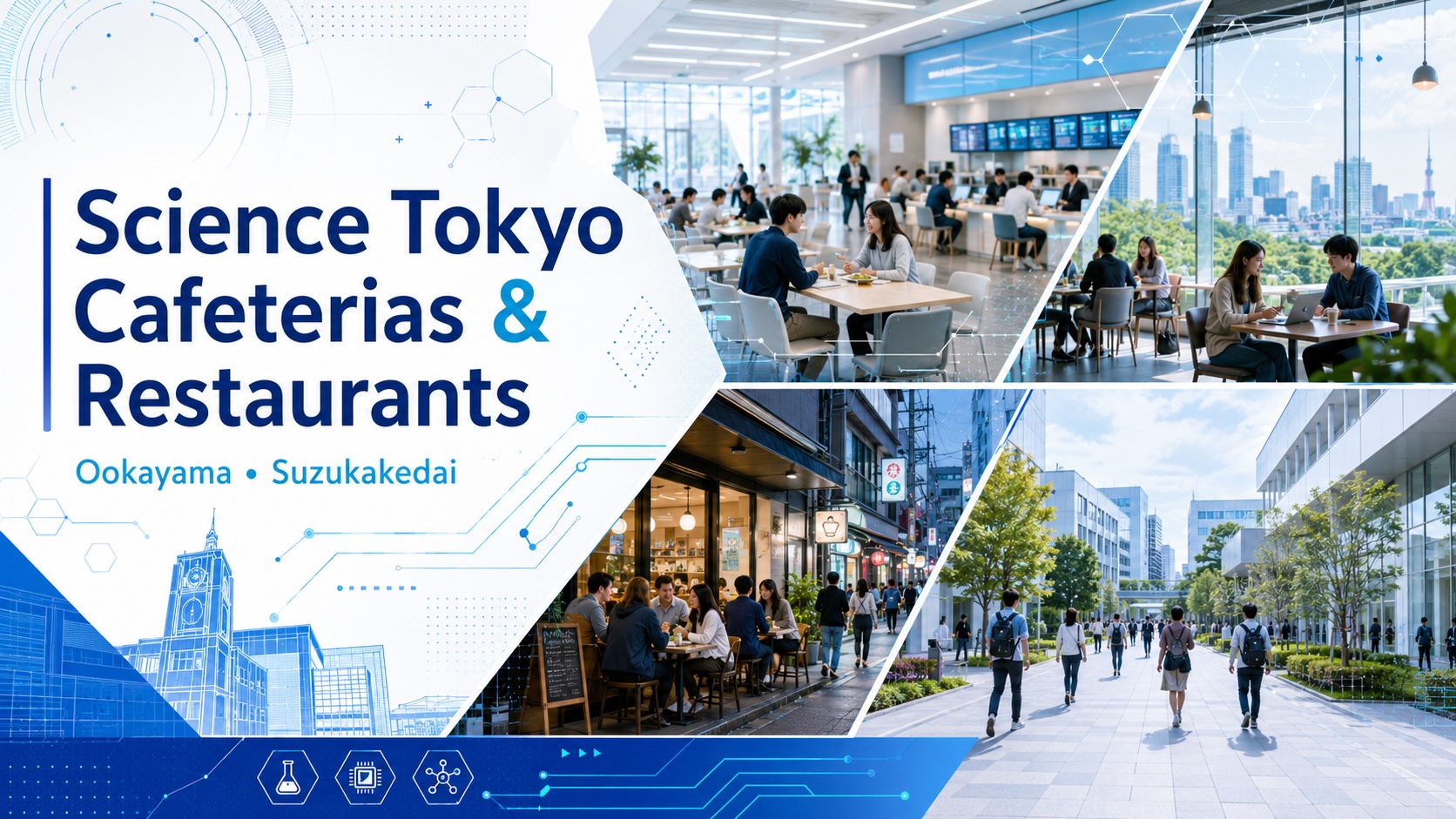 Science Tokyo students choosing between campus cafeterias, takeout, and neighborhood restaurants