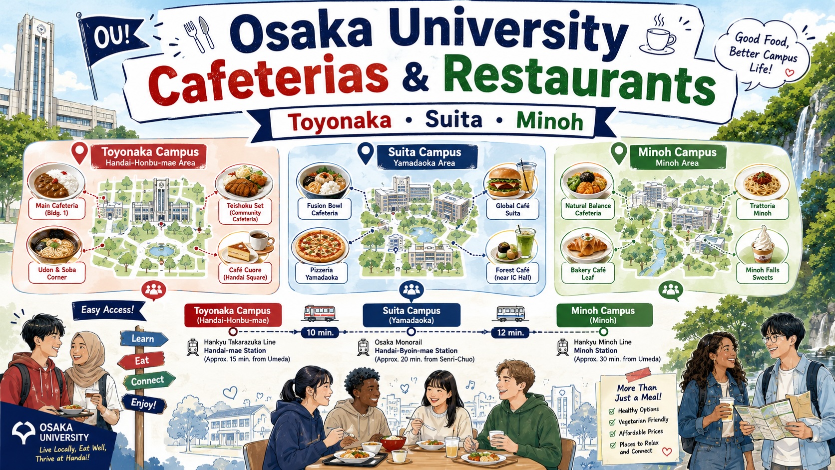 Osaka University students comparing cafeterias and restaurants across Toyonaka, Suita, and Minoh