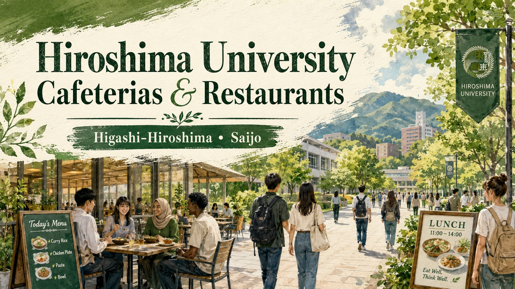 Hiroshima University students eating at campus cafeterias and restaurants around Saijo and Higashi-Hiroshima