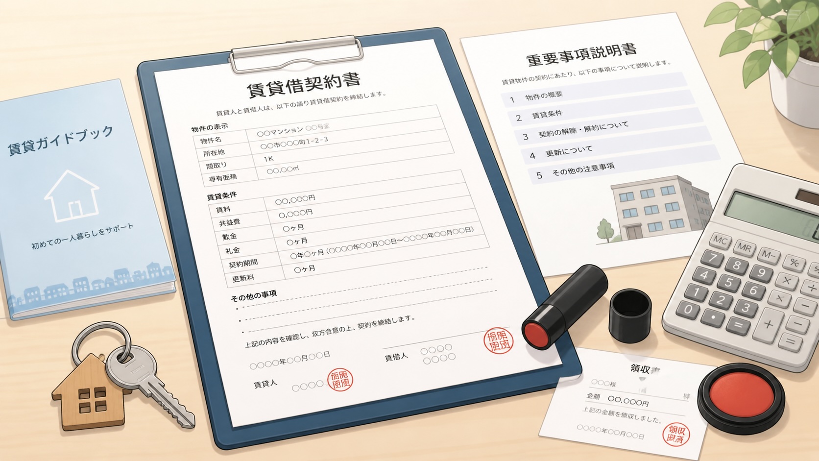 A rental contract, apartment keys, and housing documents for renting in Japan