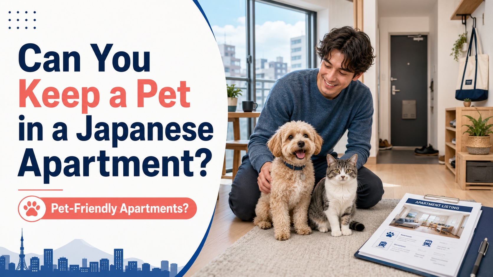 A small pet bed, apartment keys, and a Japanese rental contract on a table