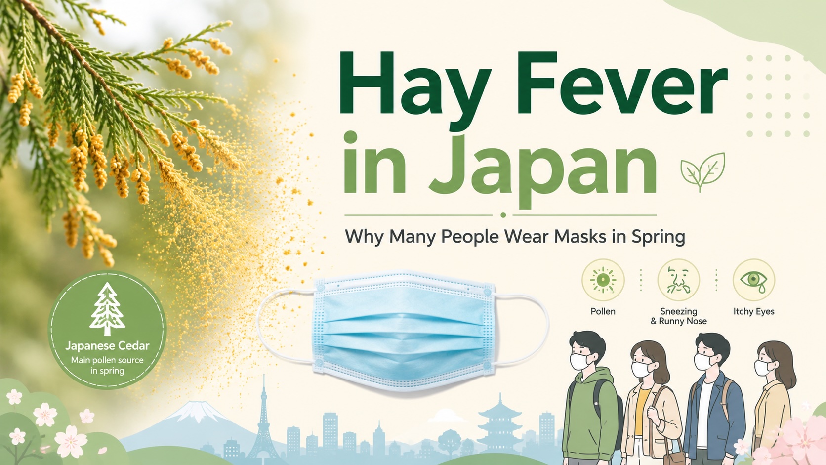 People wearing masks during spring pollen season in Japan