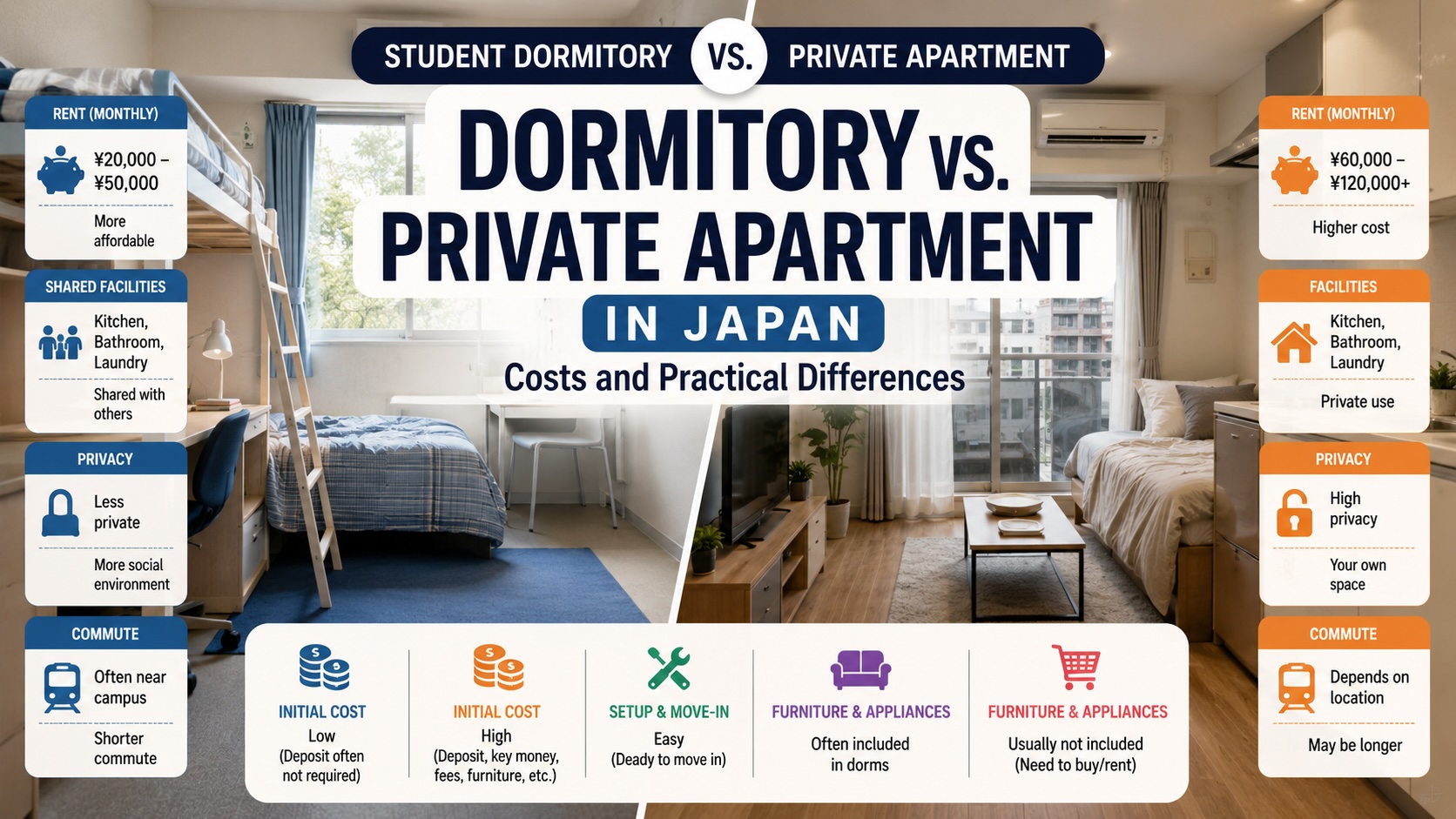 Comparison of a student dormitory and a private apartment in Japan