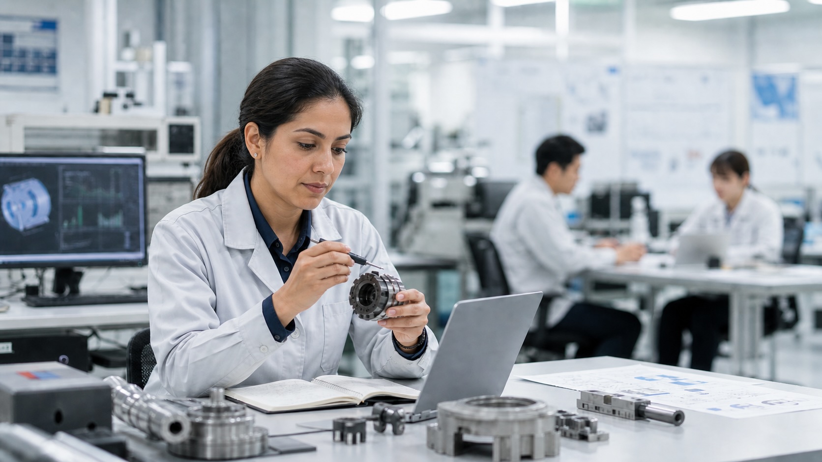 Researchers and engineers discussing a technical project in a Japanese R&D setting