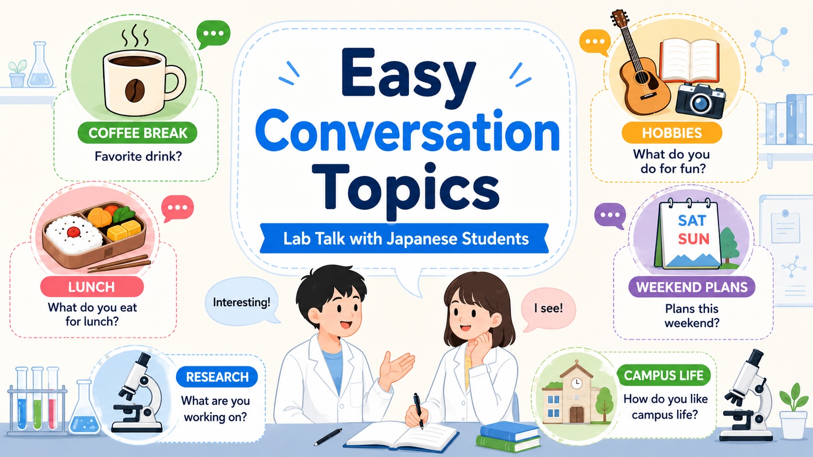 International and Japanese students having a casual conversation in a university laboratory