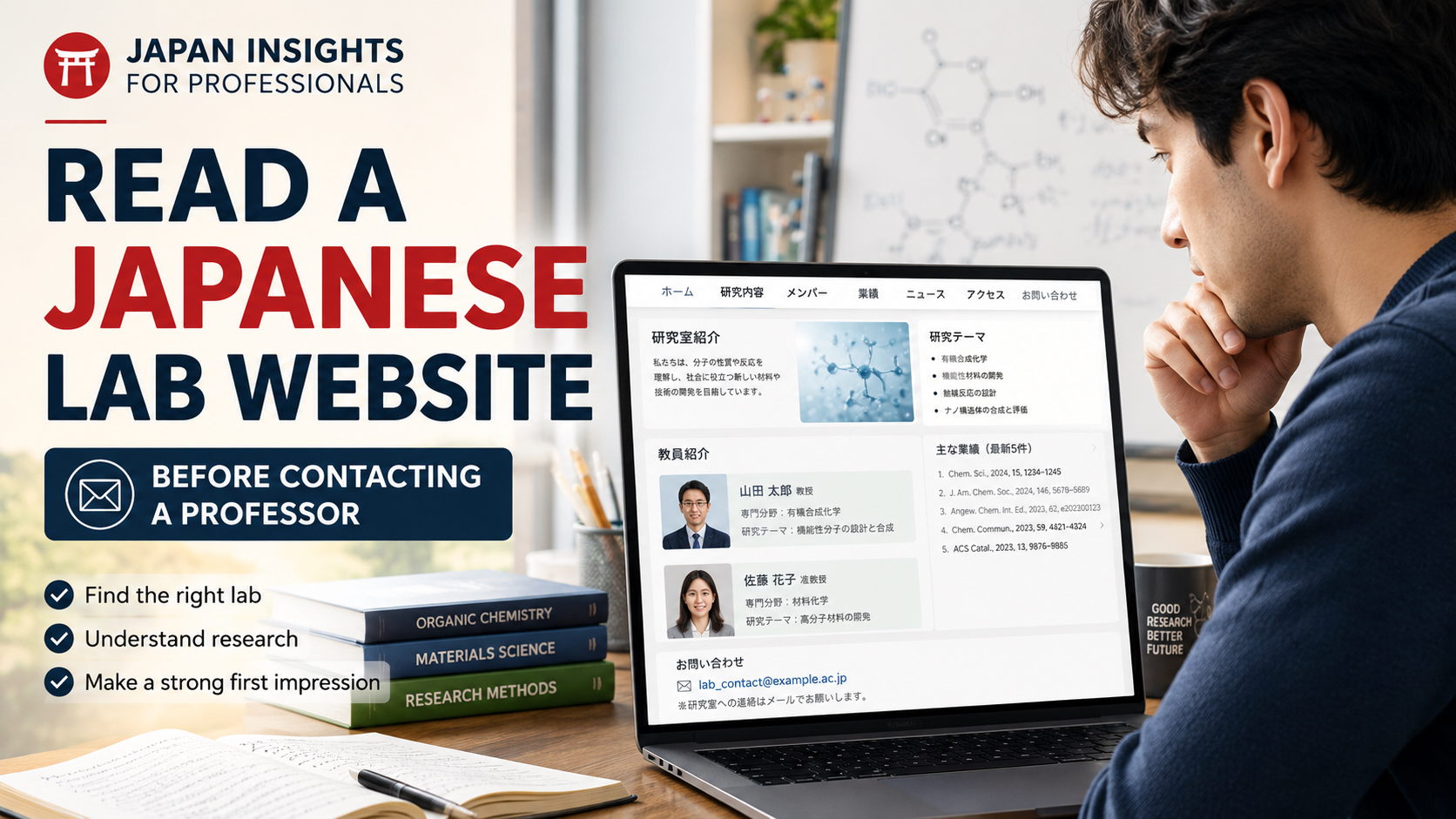 International student reviewing a Japanese laboratory website before contacting a professor