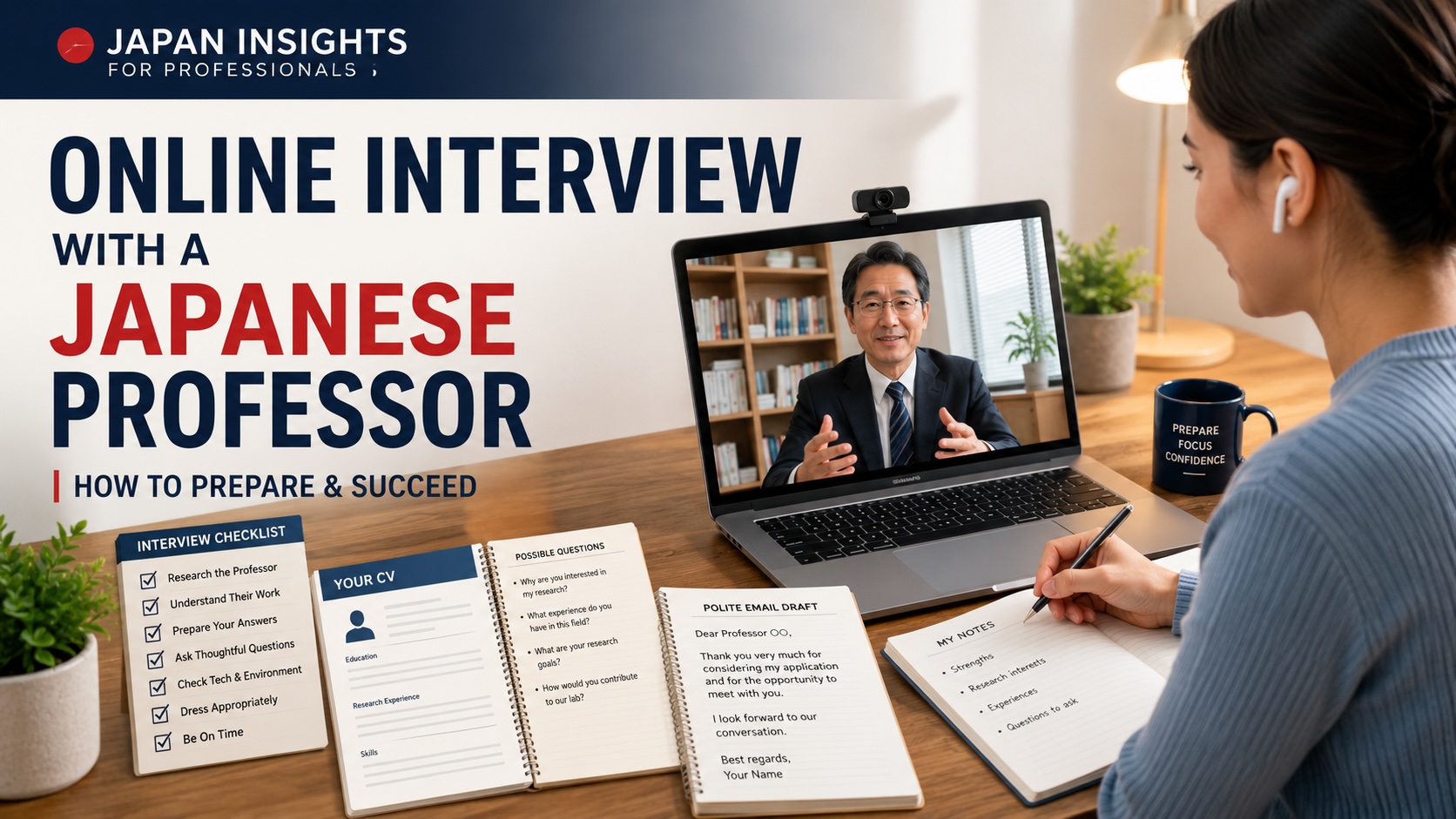 International graduate applicant preparing for an online interview with a Japanese professor