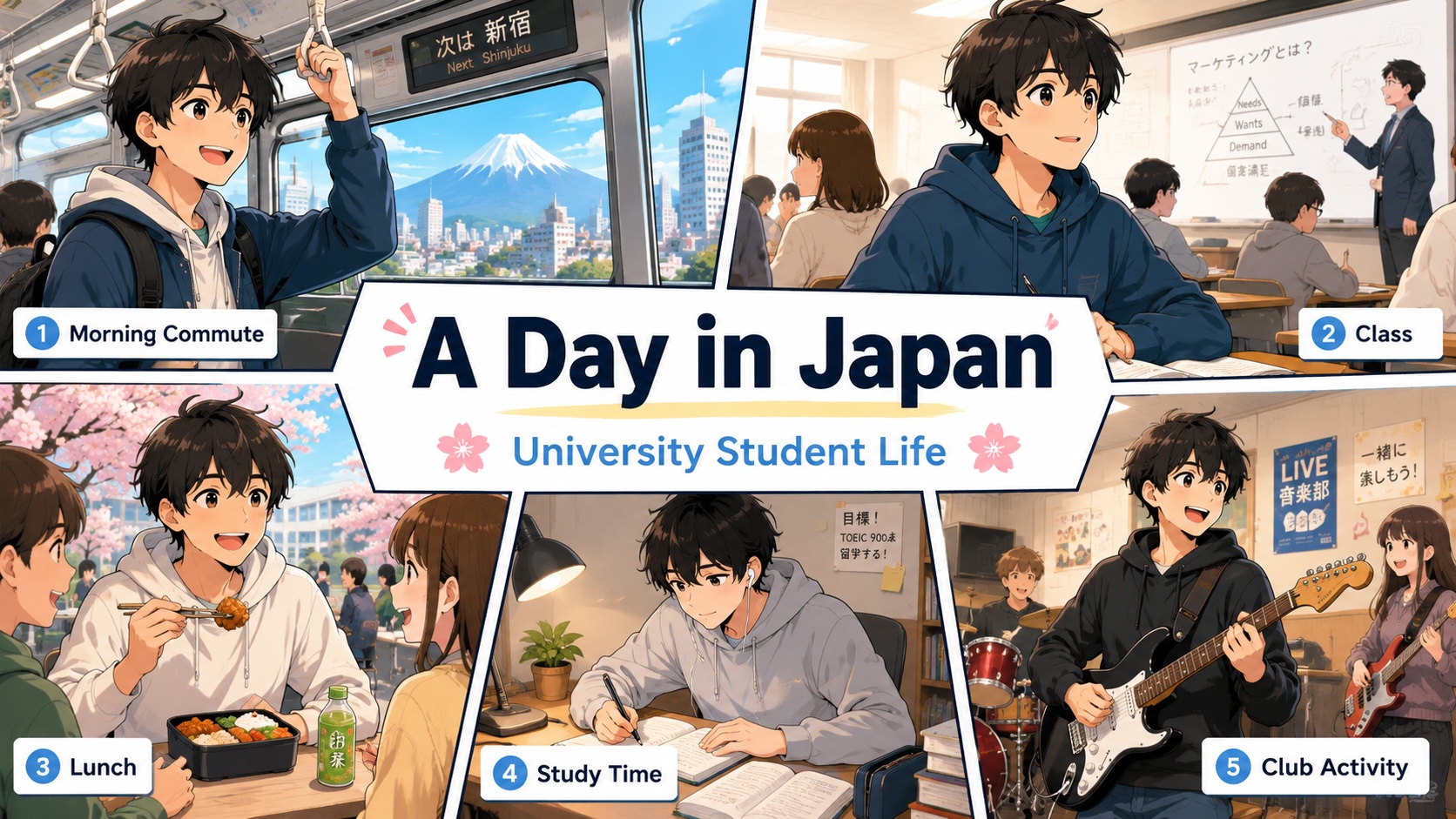 A student walking across a Japanese university campus during a typical weekday