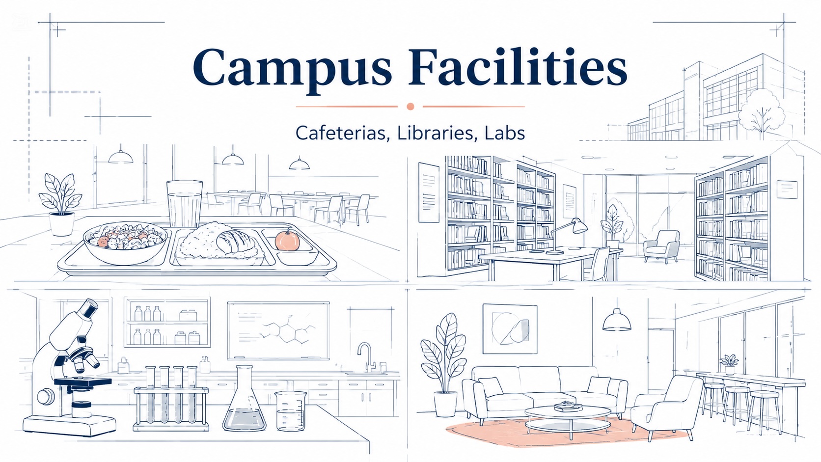 A Japanese university campus with cafeteria, library, and student spaces