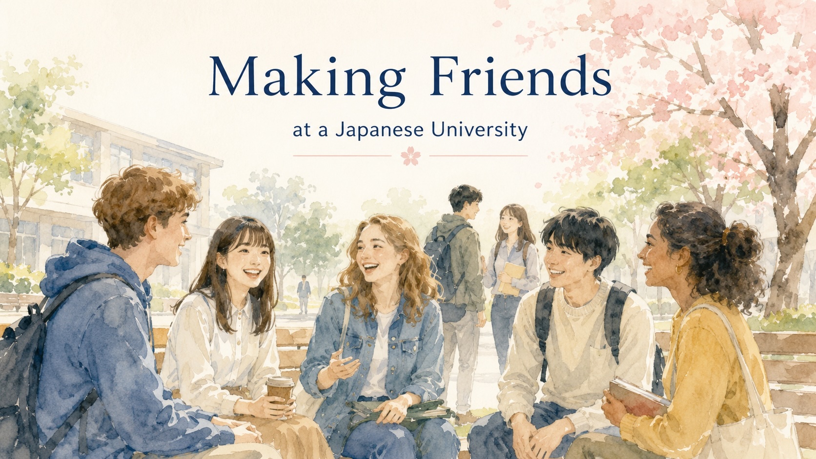International and Japanese students talking on a university campus